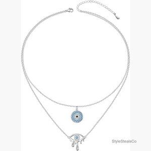 Sterling Silver Evil Eye Hamsa Hand Triple Layer Necklace 925